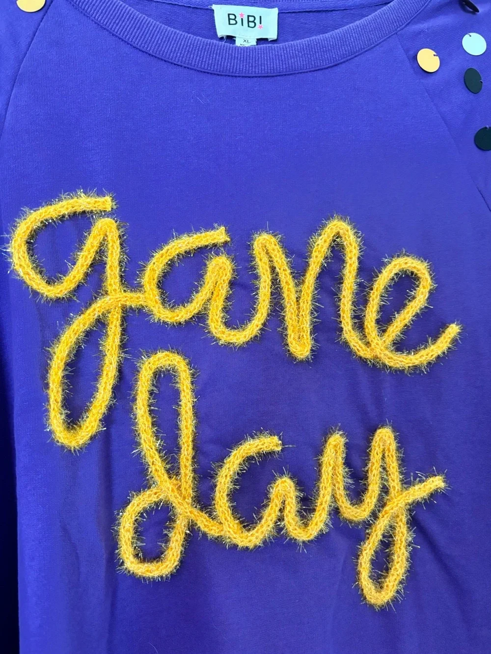 BiBi Purple 'Game Day' Sweatshirt with Yellow Script and Multi Polka Pom Sleeves - Picture 3 of 7